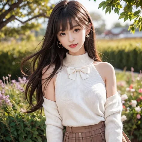 laughing out loud，Dressing for a date, sweater, white sweater, bow sweater, Shoulder opening, skirt, buttons skirt, suspender skirt, ，knee shot, The background is grassland，1 female, light brown hair, blunt bangs, hair behind ears, Shoulder length hair, lo...