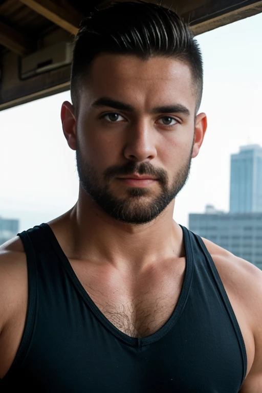 1man, 
a 30 y.o muscular male, small beard, gloomy eyes, blue eyes, undercut haircut, concentrated expression, wearing a tank top, in a roof top
soft lighting, 
masterpiece, best quality, 8k uhd, dslr, film grain, Fujifilm XT3 photorealistic painting art b...