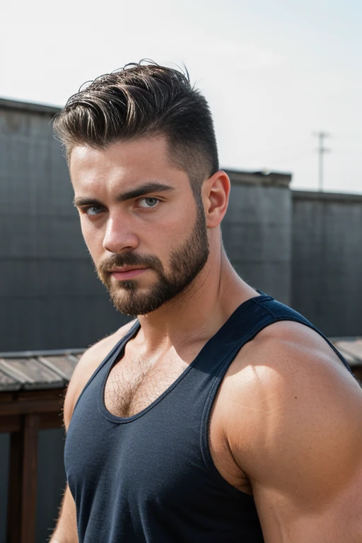 1man, 
a 30 y.o muscular male, small beard, gloomy eyes, blue eyes, undercut haircut, concentrated expression, wearing a tank to...