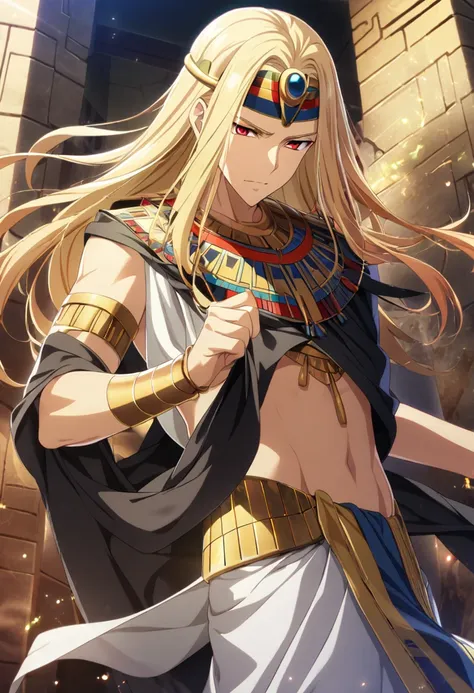 1boy, red and blonde hair, long hair, red eyes, male, egyptian god, egyptian clothes, CG