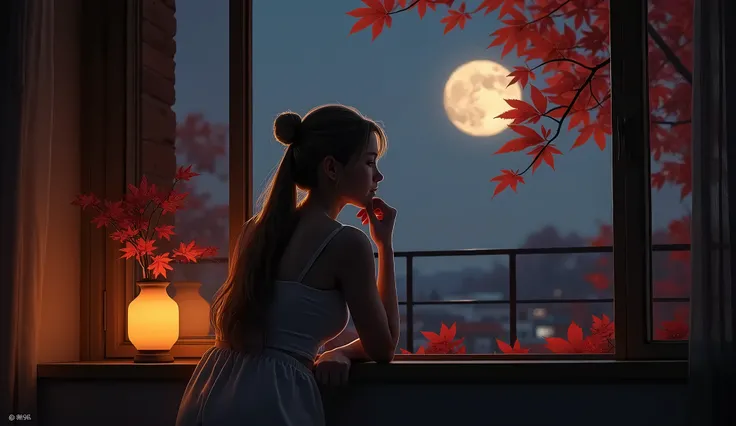 (from below),Early autumn dark night,Maple tree by the window in autumn,Red maple leaves dyed in red ,Open the window wide, mature girl,sexy and pretty woman, Leaning against the window, She rests her chin on her hand., Dim light in the room,Looking into t...