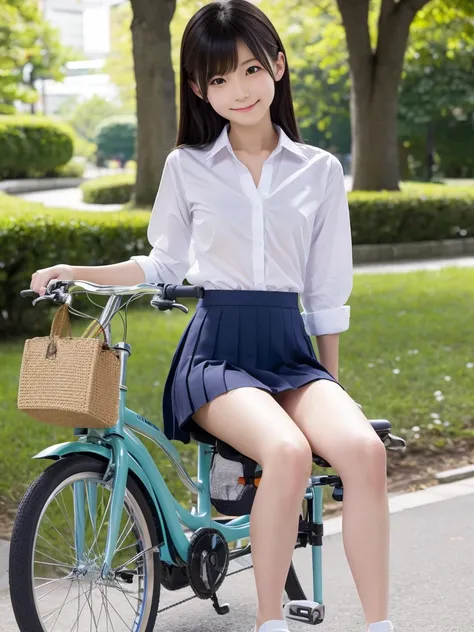 A slim and slender Japanese beauty、In the park, she sits on her bike with her legs spread apart in a transparent underwear.、Very small breasts、Small and flat chest、Small Ass、A small smile、Wearing a schoolgirl uniform、A shirt completely open, revealing skin...