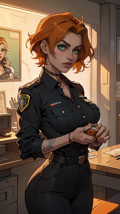 Margot robbie, middle-aged woman with light skin, small breast, messy black dreadlocks, wearing a black button-down shirt with a logo, outside an office setting, ((with orange hair) , short wavy hair, all body photo, perfect hands, beatiful hands, GTA5 sty...