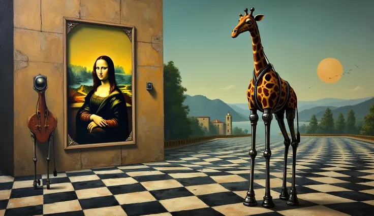 René Magritte Style - A painting in the style of René Magritte on a checkerboard with the Mona Lisa in the background and a robot giraffe 