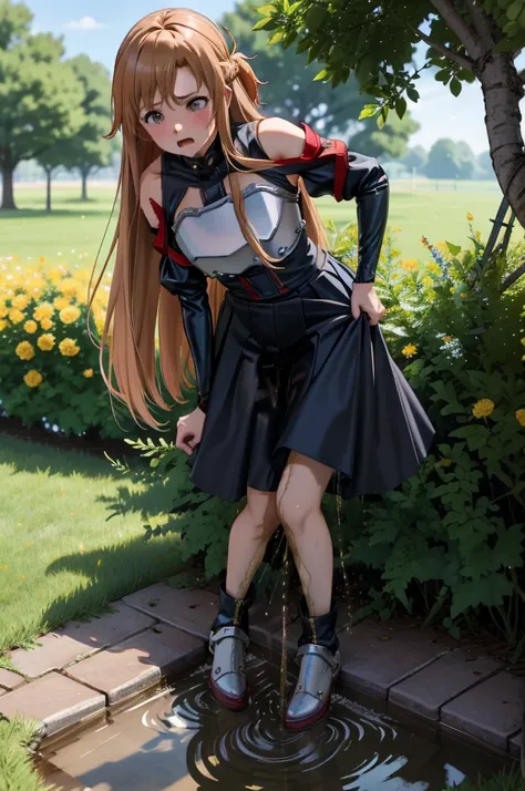 masterpiece, Best quality, a high resolution, absurdity, Ultra detailed, cute eyes, cute_hands,
aaaasuna, long hair, Brown hair, hair, Brown eyes, bare shoulders, armor, breastplate, black latex sleeves, cut off sleeves, red latex skirt, pleated skirt, cro...