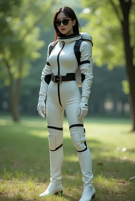 Korean woman in astronaut costume,Wear sunglasses,Chest strap handle, Long boots, Long, tight-fitting pants, Black belt buckle, Standing with legs apart sexy in the park, Full body image