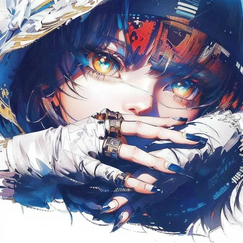 Close up of a person wearing a hat holding hands, Detailed Anime Artwork, detailed Digital Anime Art, clean Detailed Anime Art, Detailed Anime Art, Detailed image of anime girl, Detailed Anime Character Art, Anime style artwork, Anime style digital art, Di...