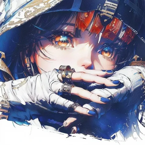 Close up of a person wearing a hat holding hands, Detailed Anime Artwork, detailed Digital Anime Art, clean Detailed Anime Art, Detailed Anime Art, Detailed image of anime girl, Detailed Anime Character Art, Anime style artwork, Anime style digital art, Di...