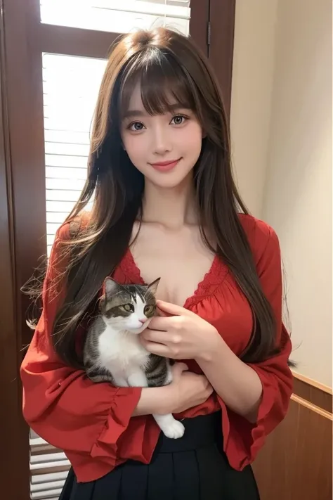 High resolution,bangs, Brown Hair, Long Hair, Brown eyes、chest、D cup、165 cm、
２４age、Beautiful Face、Natural Makeup、smile、
Sexy black skirt、Red blouse、Holding a cat