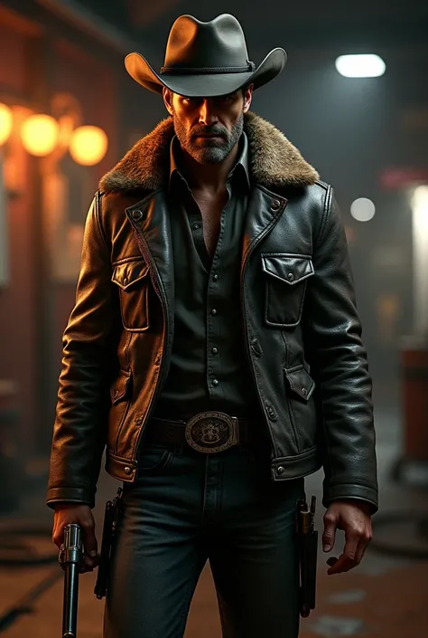 1 , foto de cowboy de re4leon, leather jacket with fur trim,  long sleeves, That&#39;s why jeans, volumetric lighting, athletic, best quality, masterpiece, Intricate details, tone mapping, sharp focus, hyper detailed, trending on artstation, looking at the...