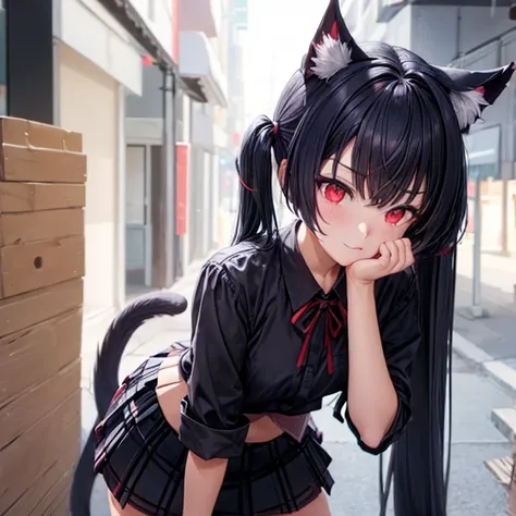 (((Penis sticking out from skirt)))　Cat ears　Red Eye　Black Hair　Twin tails　Woman with a growing penis　