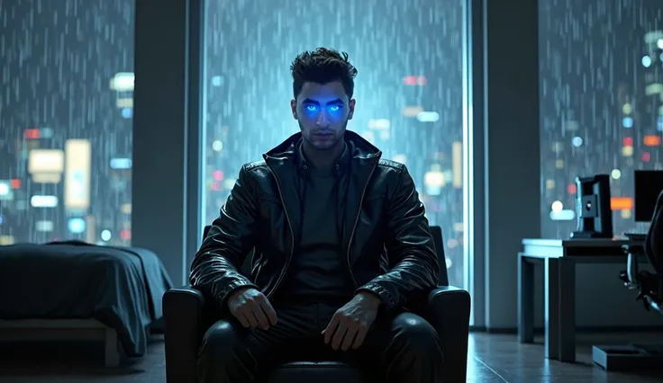 , Strong lighting on the face, Futuristic jacket, Sitting on a chair in my future den, Behind it are two large windows., In the windows a futuristic city with rain, In the room there is a bed and a computer., Lighting indicates power and control. 