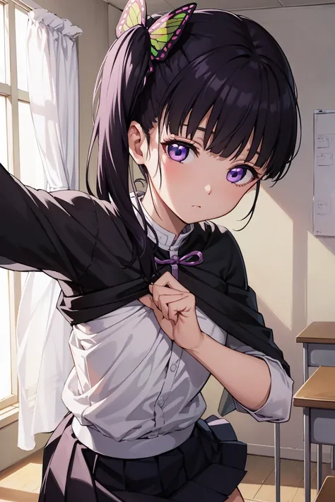 Yuri Kanaotsu, Kanao Tsuyuri, black hair, Butterfly, Butterfly hair ornament, (purple eyes:1.1), Side ponytail, ponytail, 
Blake Black skirt, cape, uniforme do demon slayer, long sleeves, skirt pregueada, skirt, capa branca,
to break looking at viewer,
BRE...