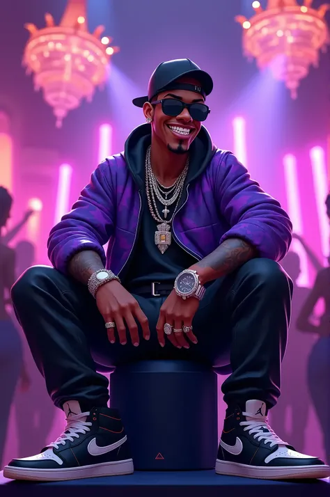 "Creates a highly stylized animated scene featuring a young rapper sitting on top of a large speaker in a lively nightclub. The rapper is wearing a purple printed jacket with black leather pants, oversized sunglasses, a backwards cap and eye-catching diamo...