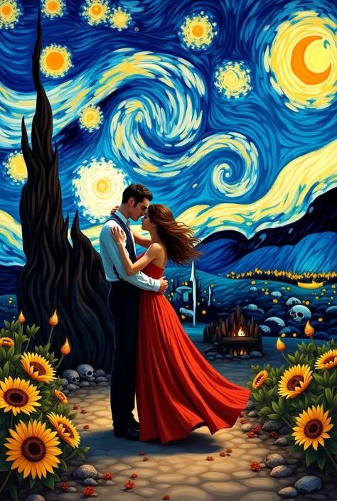 Van Gogh&#39;s Starry Night, version in hell, that Venus can be seen between the clouds of hell, The Andromeda Galaxy intertwining with the Milky Way, and two elegantly dressed lovers dancing almost on the verge of kissing, a white boy and a brunette girl ...