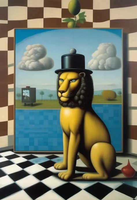 René Magritte Style - A painting in the style of René Magritte on a checkerboard with the Mona Lisa in the background and a robot lion 