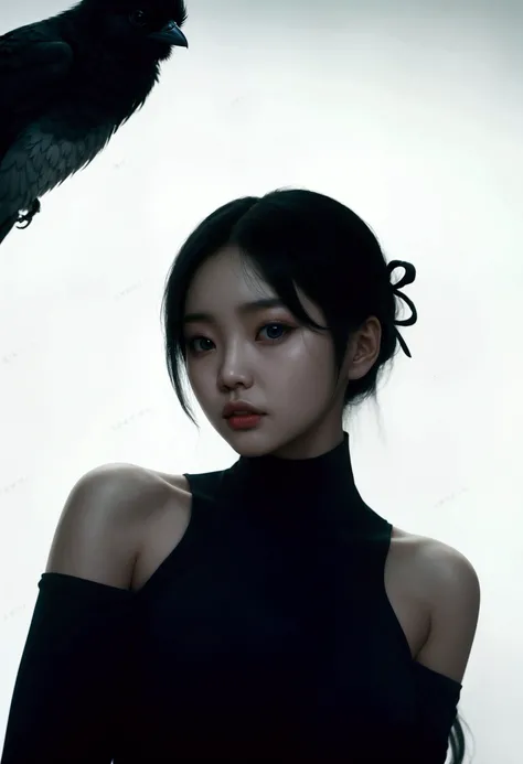 A close-up of a woman in a black top and a bird., jennie rosa negra, wenfeiye, Xintong Chen, ruan JIA beautiful!, young pale angel, , by Yang J, shen mingchen, iu lee ji-eun as a supervillain, Gongbi, Yanjun Chengt, xisionwu, jinyoung pimple