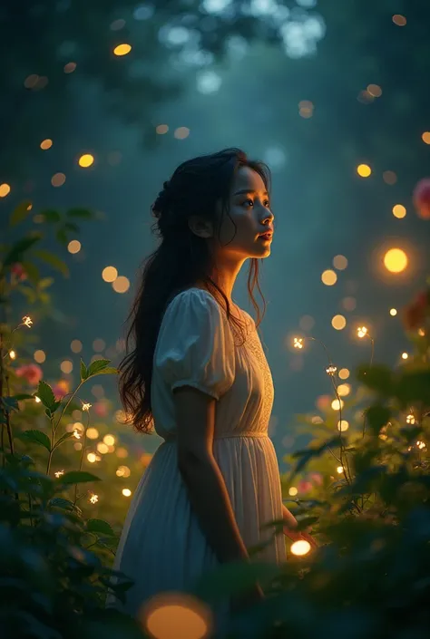 (8k, top quality, masterpiece: 1.2), (realistic, photorealistic: 1.37), super detail, one girl, wide angle of view, firefly garden, lots of small faint light and fireflies flying around, night