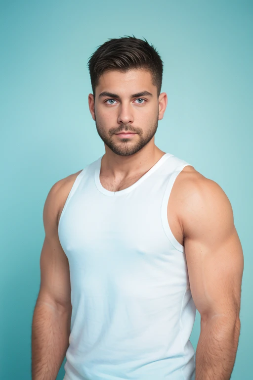 1man, 
a 30 y.o muscular male, small beard, gloomy eyes, blue eyes, undercut haircut, concentrated expression, wearing a tank top, white background,
soft lighting, 
masterpiece, best quality, 8k uhd, dslr, film grain, Fujifilm XT3 photorealistic painting a...