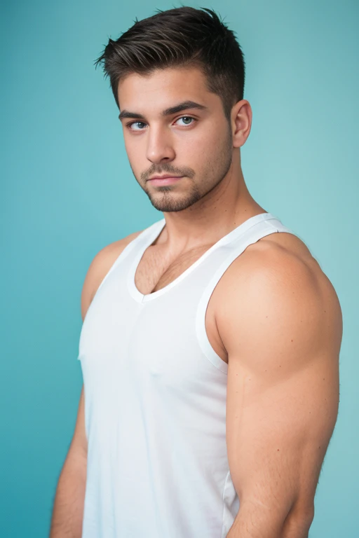 1man, 
a 30 y.o muscular male, small beard, gloomy eyes, blue eyes, undercut haircut, concentrated expression, wearing a tank top, white background,
soft lighting, 
masterpiece, best quality, 8k uhd, dslr, film grain, Fujifilm XT3 photorealistic painting a...