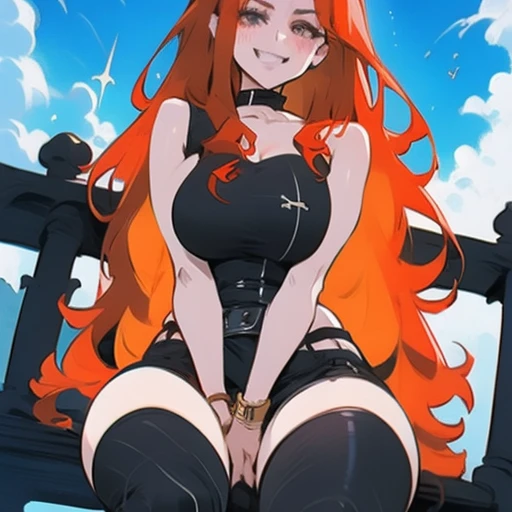 arafed woman with red hair and piercings sitting on a bench, 4k anime style, [[[[grinning evily]]], anime badass 8 k, evil smile...