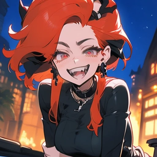 arafed woman with red hair and piercings sitting on a bench, 4k anime style, [[[[grinning evily]]], anime badass 8 k, evil smile...