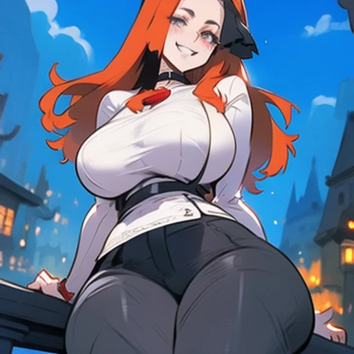 arafed woman with red hair and piercings sitting on a bench, 4k anime style, [[[[grinning evily]]], anime badass 8 k, evil smile...