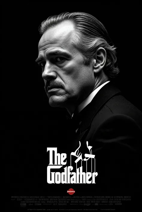 1man\(vito andolini corleone\(the god father\)\) is thinking something in the dark,logo of the movie\(the god father\),simple bl...