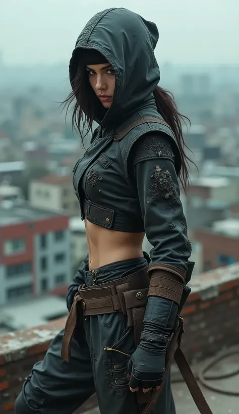 1 female, Ninja outfit, battle torn outfit, rooftop setting, 4k. DSLR, very realistic, portrait shot, full body shot, bokeh, lighting effects, movie filter, very detailed, amazing photo realistic art