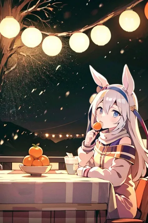 Relaxing in a kotatsu while eating mandarin oranges 🍊Theres a pure white horse next to me Im friends with the pure white horse Im riding the pure white horse Its a cold winter night 🏔️powder snow swirling ⛄️winter night,saigyou_ayakashi,bare_tree