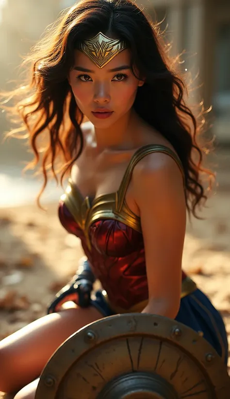 Cute Japanese、Wonder Woman。live-action、Brown Hair、masterpiece、Beautiful girls、Beautiful Eyes、Narrow eyes、Swollen eyes、A Shining Place、Best Quality、超High resolution、(reality:1.4)、Cinema Lighting、so beautiful、The perfect Wonder Woman outfit。 very cute face。 ...