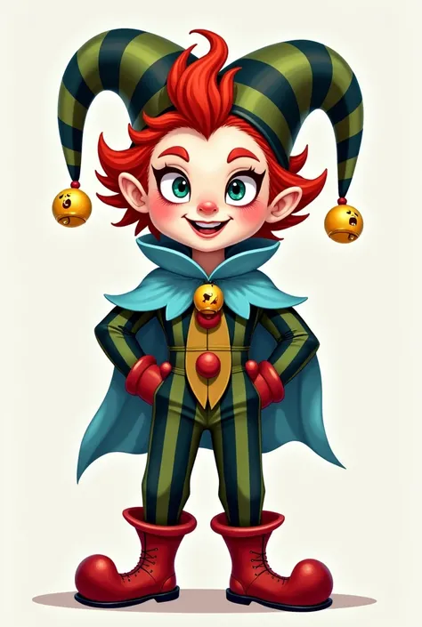 Red-haired jester with the hair on his forehead raised, his suit with dark green and navy green stripes with red boots that has a vertical black stripe on each lower eyelid in addition to that he has a jester&#39;s hat with two points and that the hat also...