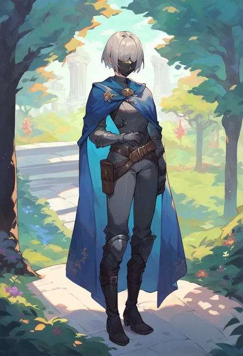 , 1girl, solo, grey full bodysuit, long blue cape, blue cape, trouser pants, black heel boots, grey hair, mask covered face, masterpiece, best quality, park ,standing 