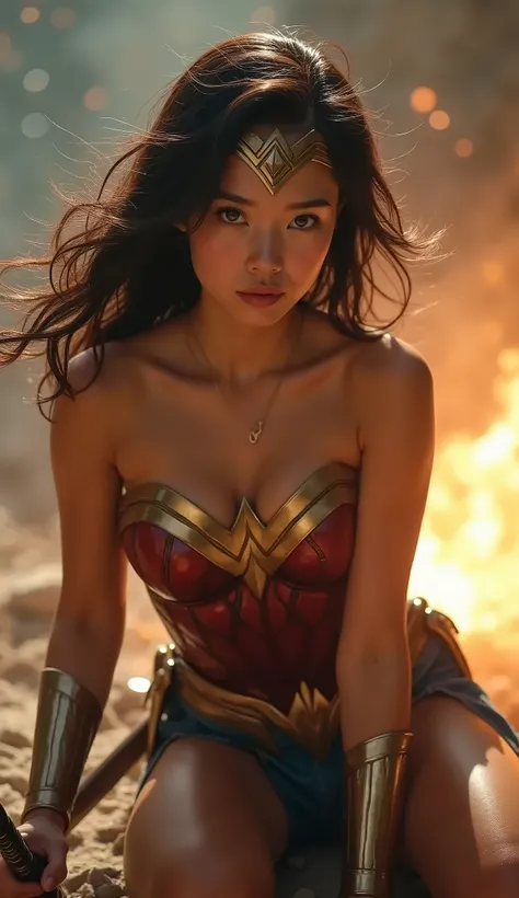 Cute Japanese、Wonder Woman。live-action、Brown Hair、masterpiece、Beautiful girls、Beautiful Eyes、Narrow eyes、Swollen eyes、A Shining Place、Best Quality、超High resolution、(reality:1.4)、Cinema Lighting、so beautiful、The perfect Wonder Woman outfit。 very cute face。 ...