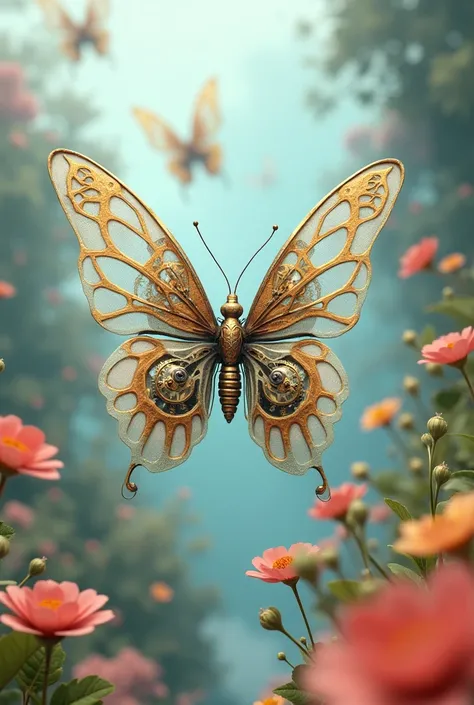 Mechanical Butterflies:

Prompt: Butterflies with wings made from intricate clockwork gears, wires, and metal feathers, fluttering through a soft, pastel-colored mechanical garden. The design should merge delicate organic forms with precise machinery, evok...