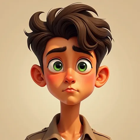 Generate a Disney-Pixar style portrait of a young man with green eyes, brown curly hair, square face, small nose, thin lips, large ears, no wrinkles, tanned skin, and a serious expression.
