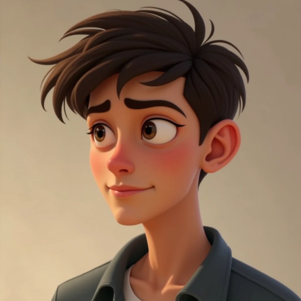 Generate a Disney-Pixar style portrait of a young man with gray eyes, dark brown straight hair, diamond-shaped face, small nose, full lips, large ears, no wrinkles, fair skin, and a thoughtful expression.
