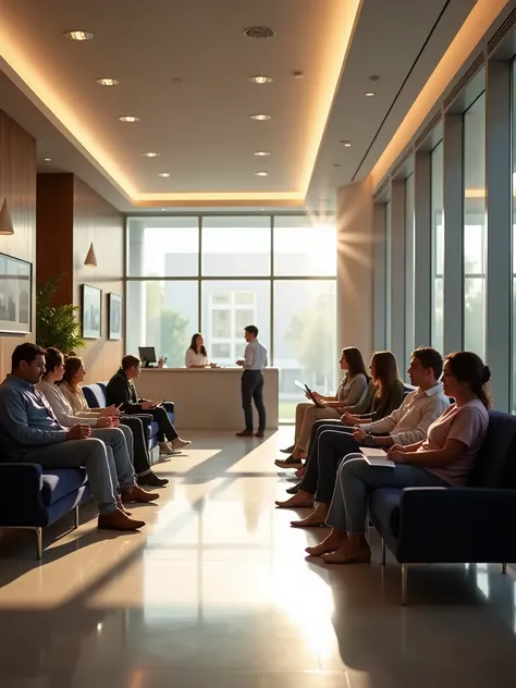 A spacious and modern waiting room in an embassy, with Latino citizens waiting to inquire about the Diversity Visa program. Several people are sitting in comfortable chairs, Some were reviewing personal documents and others were chatting softly with each o...