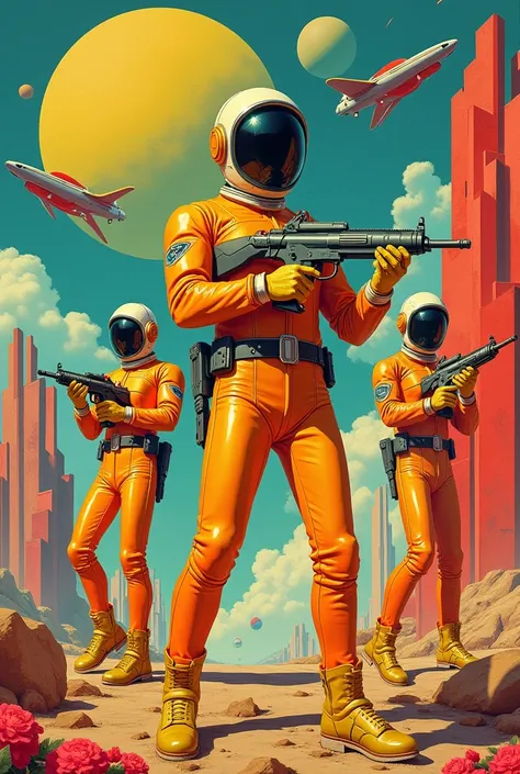 Retro-futuristic Pop Art Collage:

Prompt: A mashup of retro 1950s sci-fi with pop art influences. Think of astronauts in vintage space suits holding ray guns, flying cars, and bold, comic-style typography. Bright, saturated colors like yellows, reds, and ...