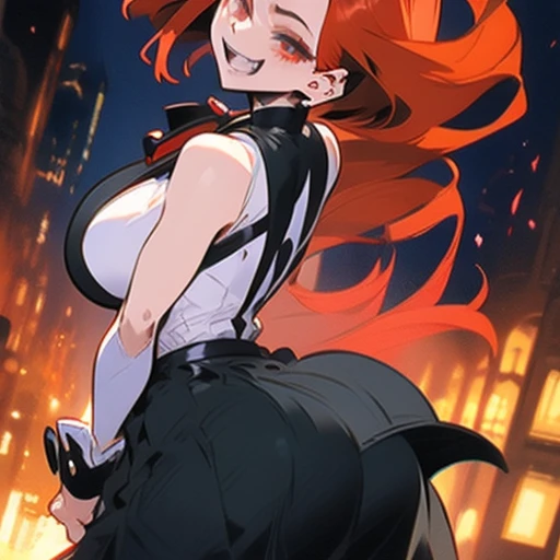 anime girl with red hair and piercings in a city., [[[[smiling mischievously]]]], demon slayer rui fanart, expressing joy. by kr...