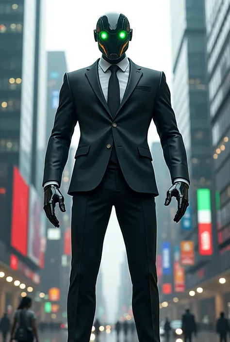 Titan
Titan is a humanoid robot 
His height is 6 ft 8
You wear a black business suit 
He has a head look like a helmet bike helmet 
And he has a green eyes