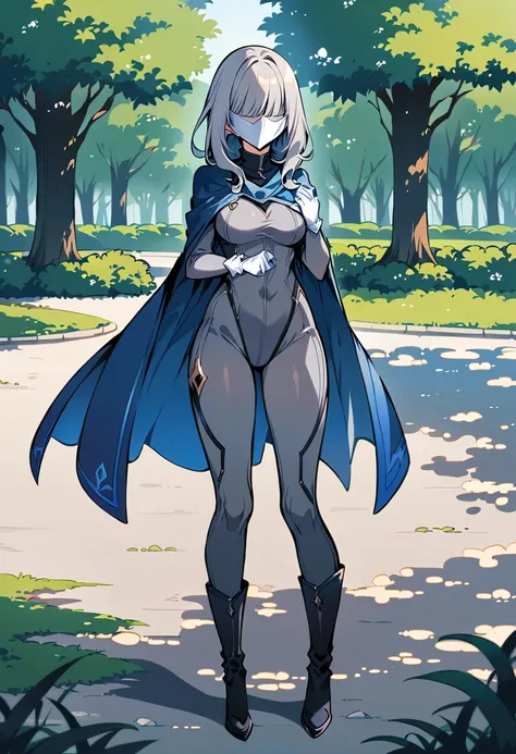 , 1girl, solo, grey full bodysuit, long blue cape, blue cape, white gloves, black heel boots, grey hair, white mask, mask covered face, masterpiece, best quality, park ,standing 