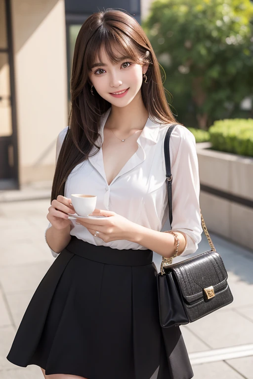 High resolution,bangs, Brown Hair, Long Hair, Brown eyes、chest、D cup、165 cm、
２４age、Beautiful Face、Natural Makeup、smile、Black skirt suit、Handbags