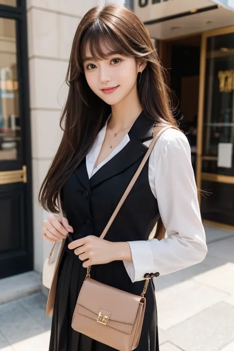 High resolution,bangs, Brown Hair, Long Hair, Brown eyes、chest、D cup、165 cm、
２４age、Beautiful Face、Natural Makeup、smile、Black skirt suit、Handbags