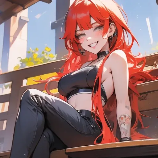 arafed woman with red hair and piercings sitting on a bench, 4k anime style, [[[[grinning evily]]], anime badass 8 k, evil smile...