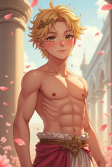 Young Teenage Boy, Male, Anime, Golden Hair, Light Blush, Hair Ornament, Young, Baby Face, Beautiful, Slim, Toned Body, Athletic, Nice Abs, 6 Packs, Shirtless, Revealing Clothes, Young Crown Prince, Royal Crown, Fantasy Medieval Times, Flower Petals Foregr...