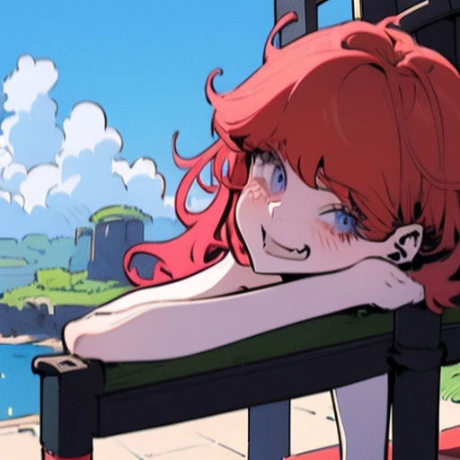 arafed woman with red hair and piercings sitting on a bench, 4k anime style, [[[[grinning evily]]], anime badass 8 k, evil smile...