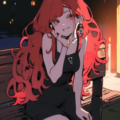 arafed woman with red hair and piercings sitting on a bench, 4k anime style, [[[[grinning evily]]], anime badass 8 k, evil smile...