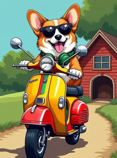 A simple hand-drawn smiling corgi wearing sunglasses rides on a rasta-colored pespa in front of a doghouse, far and near method, american style propaganda poster,, Wearing headphones around the neck, 