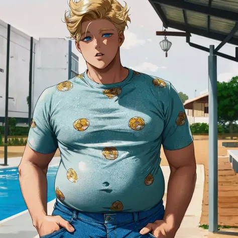 A Blond Teenage Boy with Blue Eyes, in Casual Shirt and Shorts, Very Chubby and Fat and Very Tall in Brazil